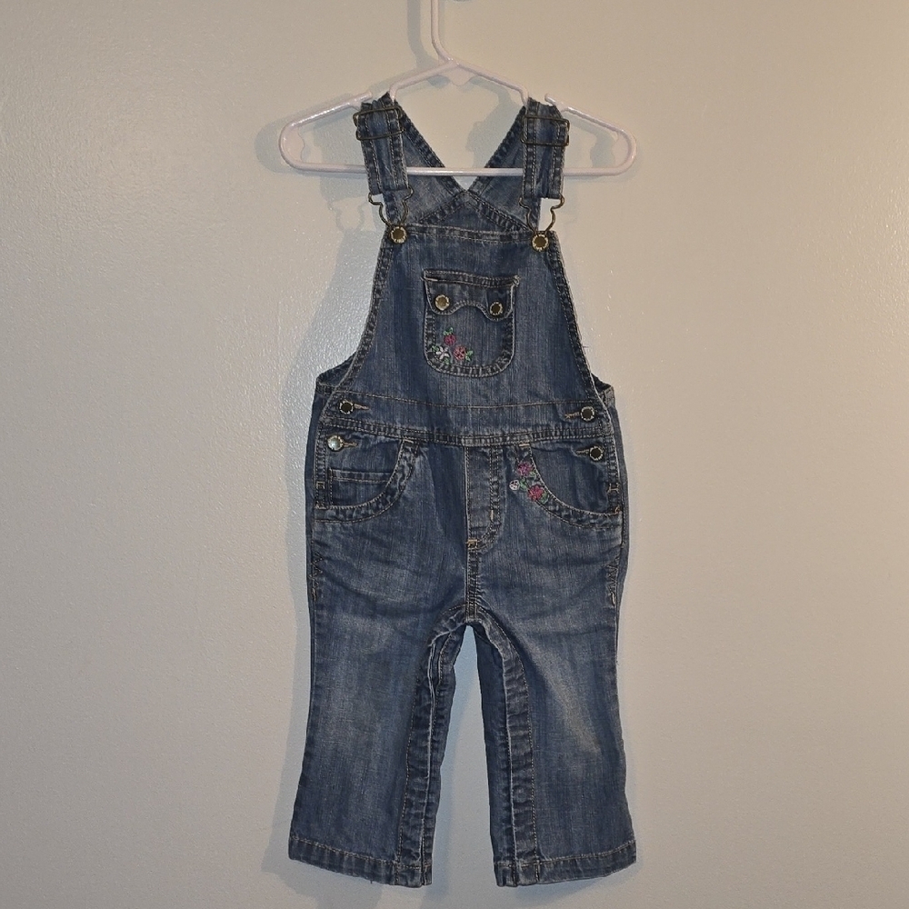 OshKosh B'gosh Blue Denim Overalls with Flower Embroidery LOT-S
